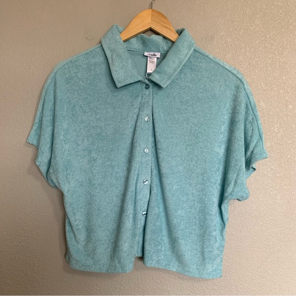 Andie Swim Coverup Size Large Blue Terrycloth Cropped Button Up Shirt NWT - Picture 3 of 15